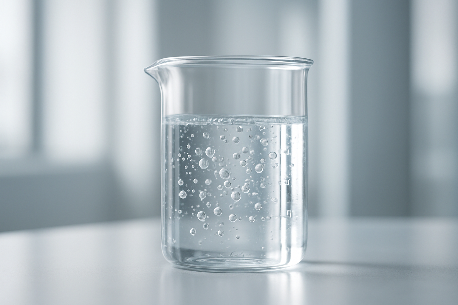A clear beaker filled with water and bubbles, placed on a surface in a bright environment