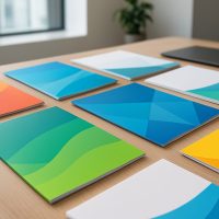 A variety of colorful printed notebooks displayed on a wooden table