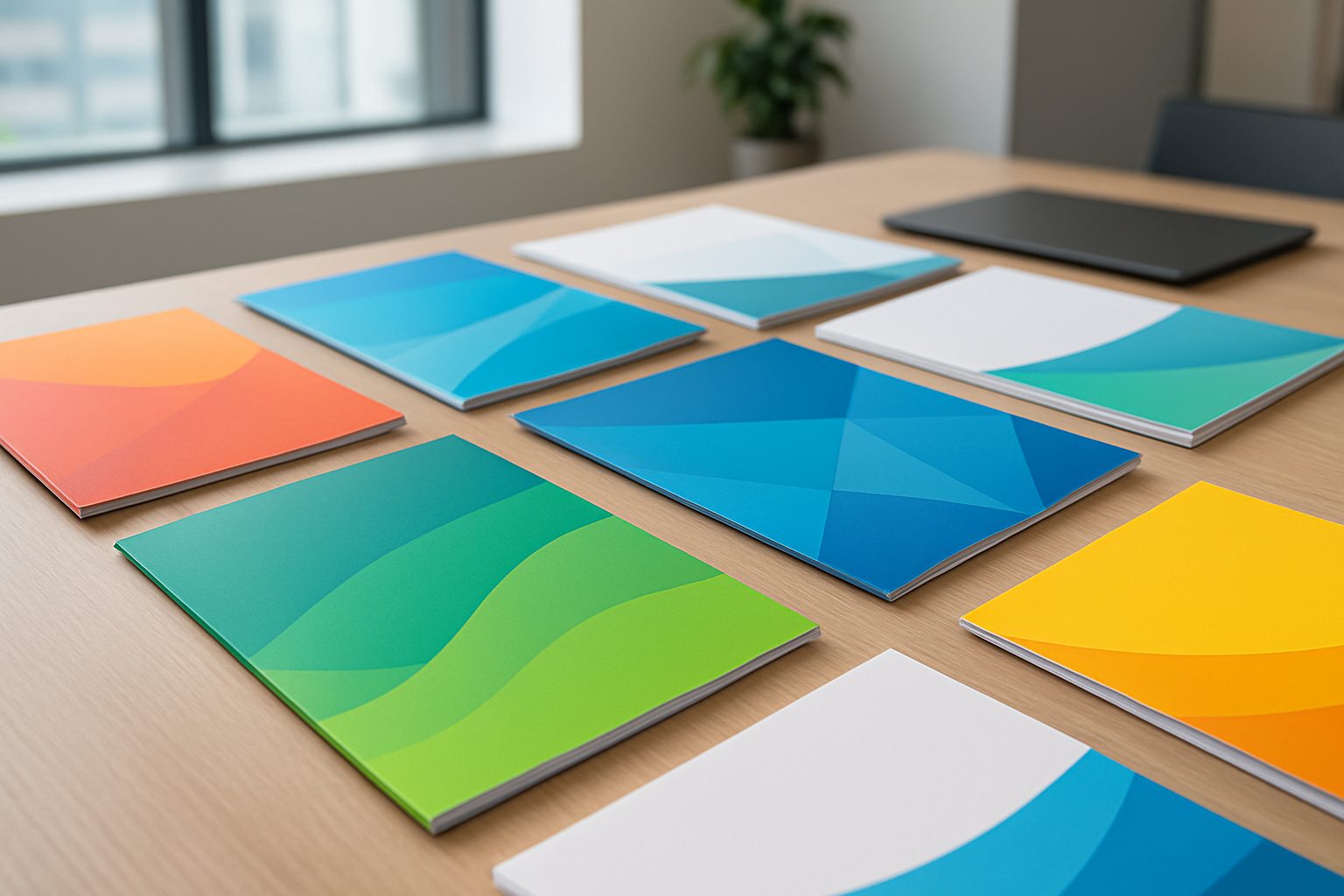 A variety of colorful printed notebooks displayed on a wooden table