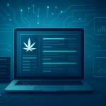 A laptop displaying cannabis-related information against a tech-inspired background