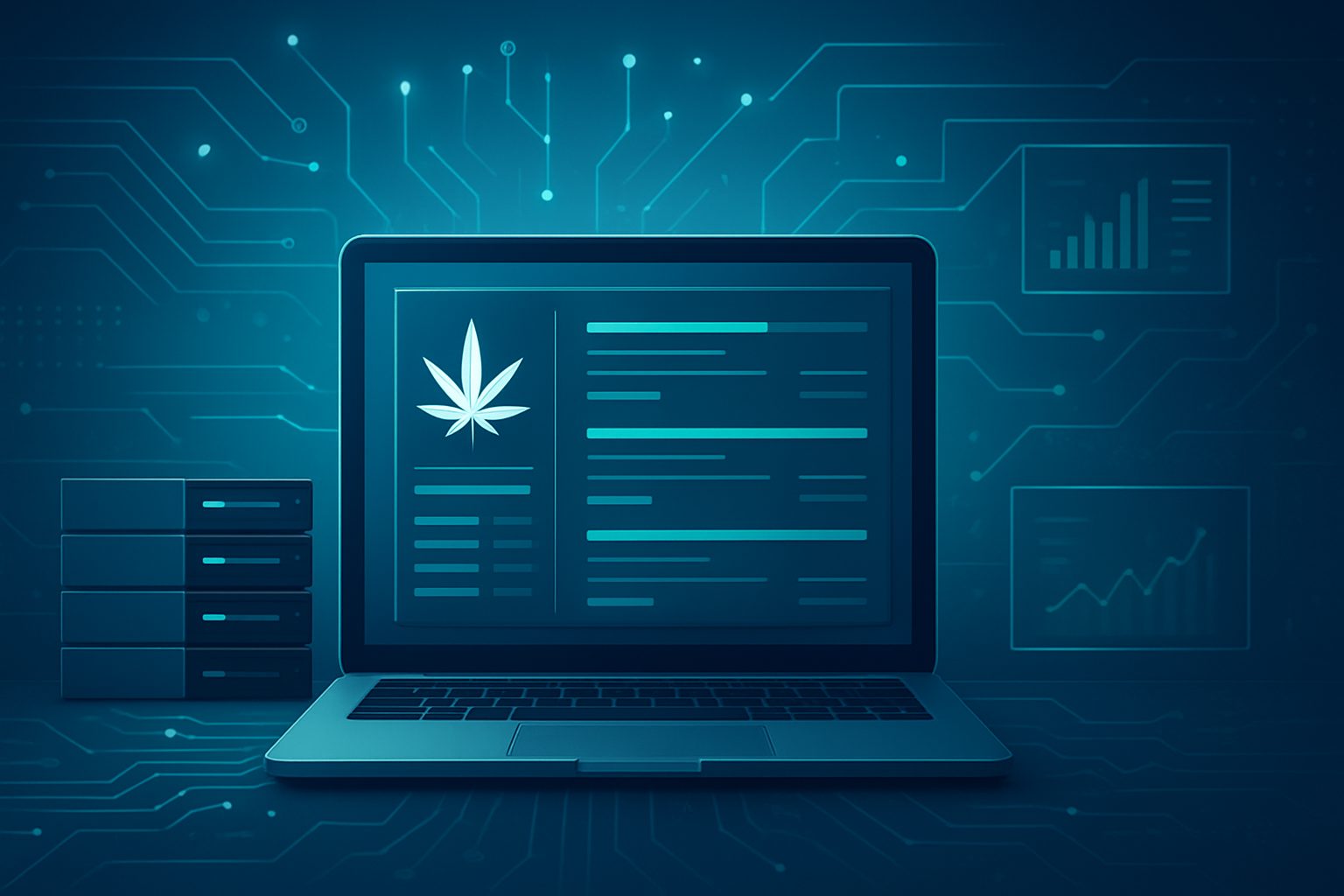 A laptop displaying cannabis-related information against a tech-inspired background